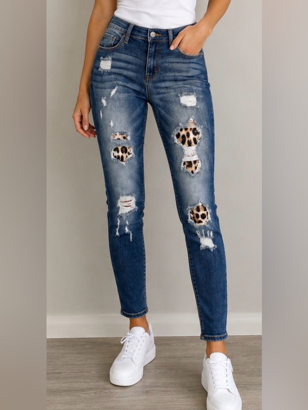 Judy Blue Jean Distressed Cheetah Skinny Leopard Animal Vintage Patchwork 3/26